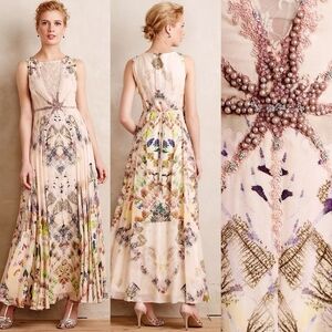 Anthropologie Geisha Designs Daphne Gown Beaded Chiffon Tie-Waist Maxi Dress 6